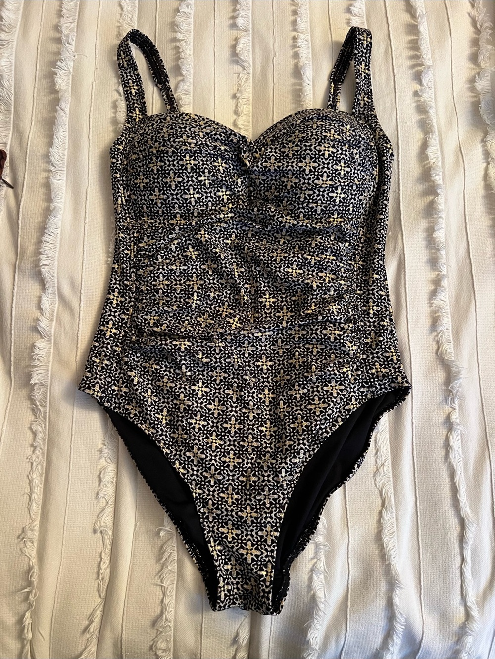 Black and Gold Patterned One-Piece Swim Suit with Supportive Cups Size 8
